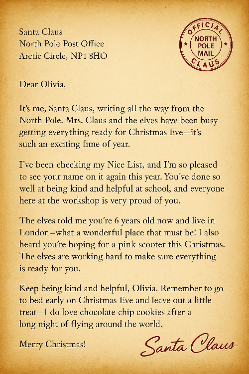 Letter from Santa Claus on a vintage-style background with a North Pole stamp.